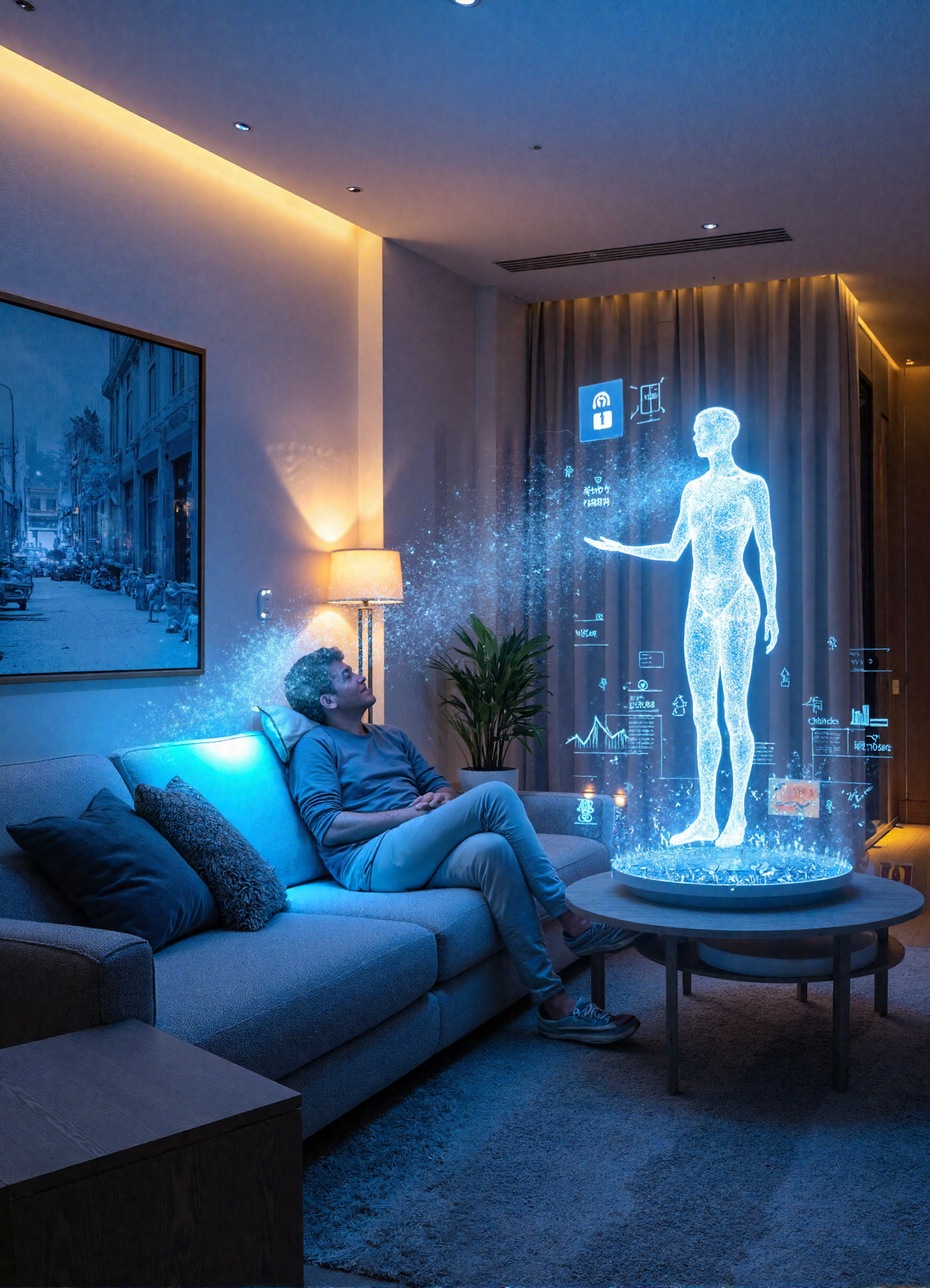 A person relaxing while a digital assistant manages their schedule, finances, and travel plans on a holographic interface
