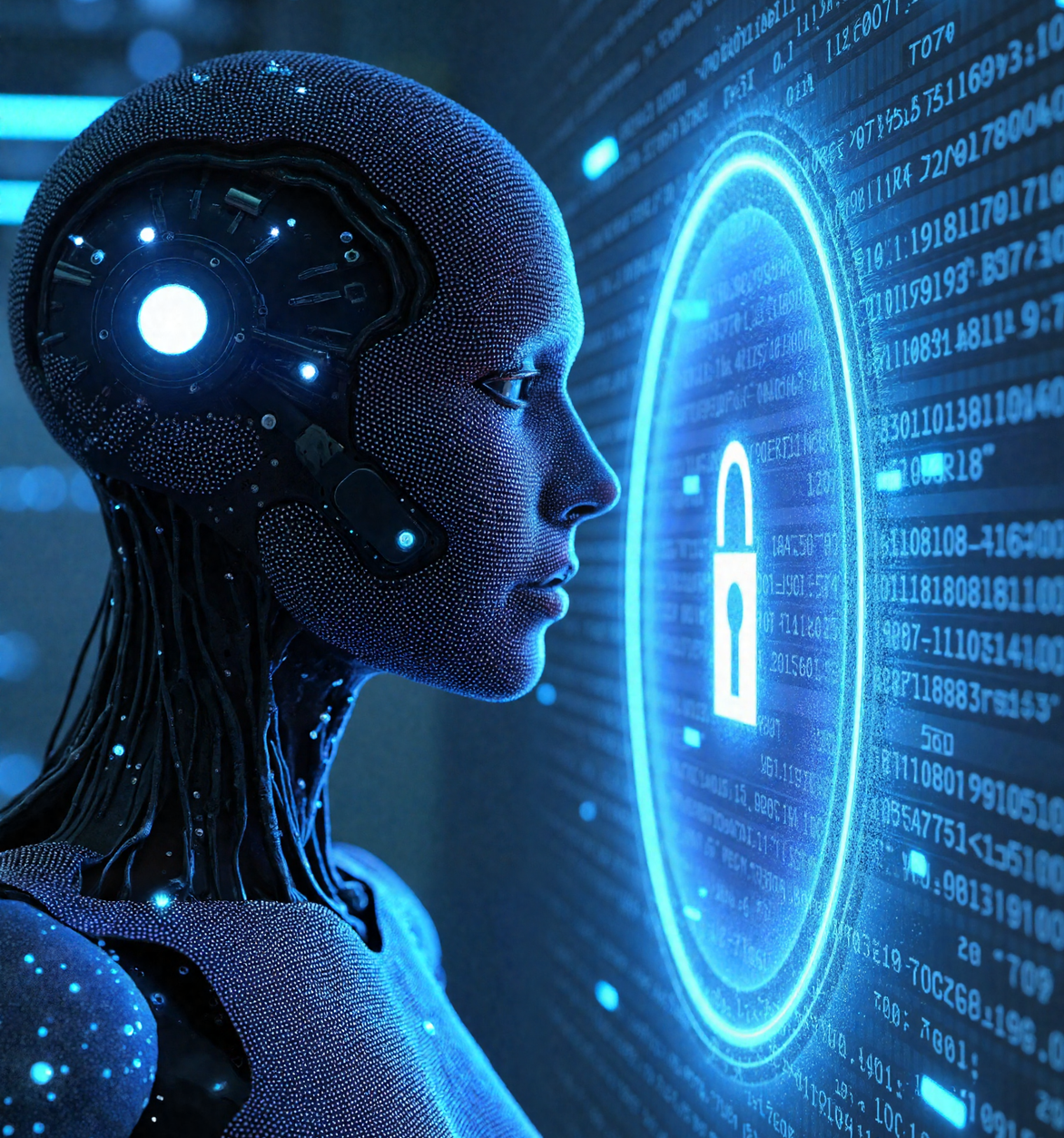 A visual representation of a secure, encrypted data shield protecting an AI agent, symbolizing ethical and secure AI
