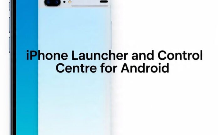 A modern, high-tech themed featured image for a blog post titled "iPhone Launcher and Control Centre for Android". The design should include: A split-screen or blended visual showing an Android phone interface styled like an iPhone on one side, and a control centre similar to iOS on the other. Sleek, minimal, and futuristic design elements with a clean white or gradient blue background. The blog title "iPhone Launcher and Control Centre for Android" should be prominently displayed in a bold, readable font. Include the small website name "technologia" in the bottom right corner, in a subtle, professional font—less prominent than the title.