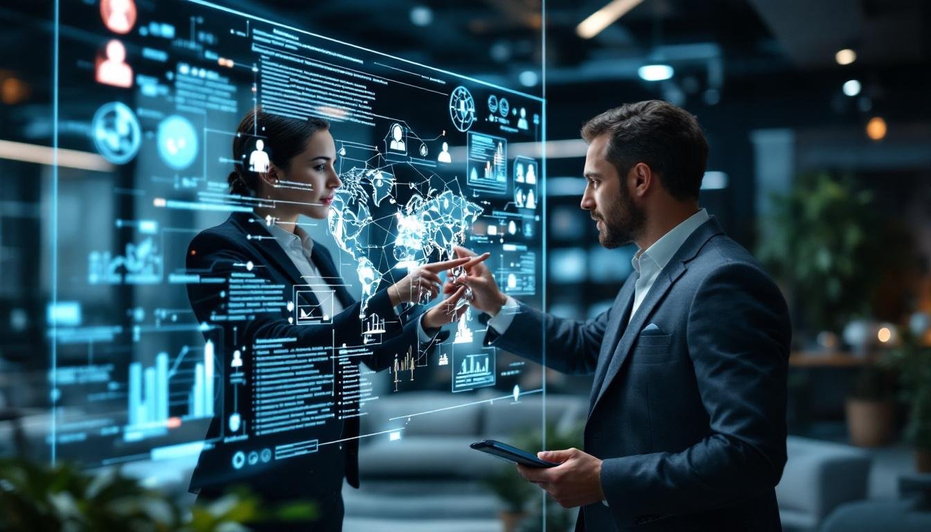A business professional collaborating with an AI agent on a complex project, displayed on a transparent screen