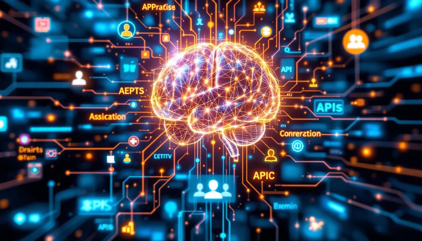 A futuristic image of a central AI brain connected to various digital tools and APIs