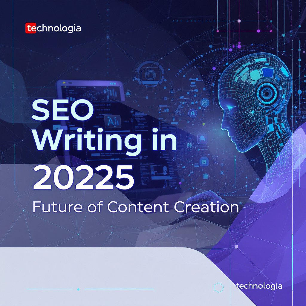 A futuristic and professional feature image for a blog post titled "SEO Writing in 2025: Future of Content Creation". The design should include digital and AI-related visual elements such as a virtual writer, holographic interface, AI icons, or search engine graphics. Use a sleek, tech-savvy color palette with dark blue, neon accents, and gradients. The blog title "SEO Writing in 2025: Future of Content Creation" should be prominently displayed in bold, modern typography. Add the website name "technologia" in small, subtle text in a bottom corner.